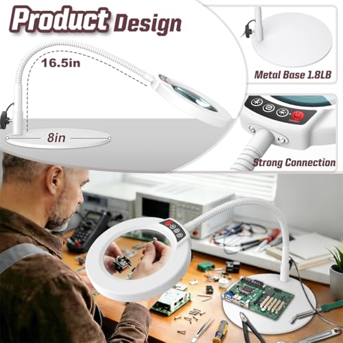 10X Magnifying Glass with Light and Stand, 16.5in Flexible Goose-Neck, 5 Color Modes Stepless Dimmable LED Lighted Desk Lamp, Hands Free Magnifier for Crafting Hobby Painting Close Work - White - color: White, size: 10X-16.5in