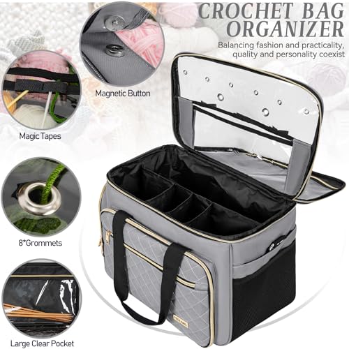 Knitting Bag, Crochet Bag Organizer, Yarn Storage Bag with Divider - color: Grey