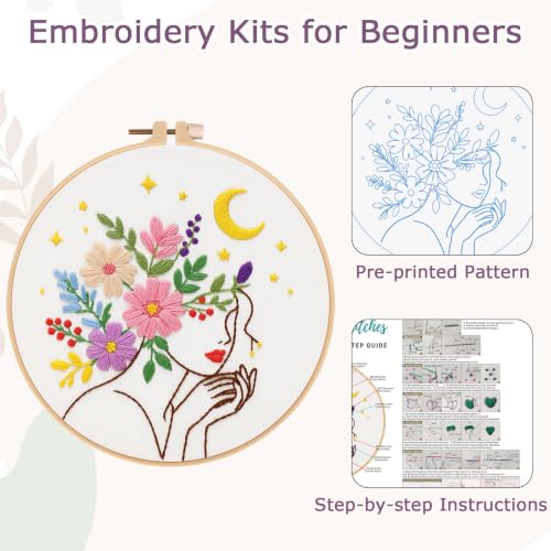 Nuberlic Embroidery Kit for Beginner,Floral Woman Embroidery - color: woman
