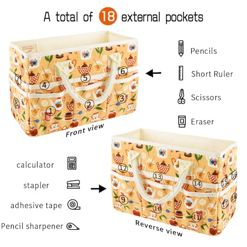 Craft Organizer Tote Bag with Multiple Pockets,Scrapbooking Art Storage - color: Yellow Teapot