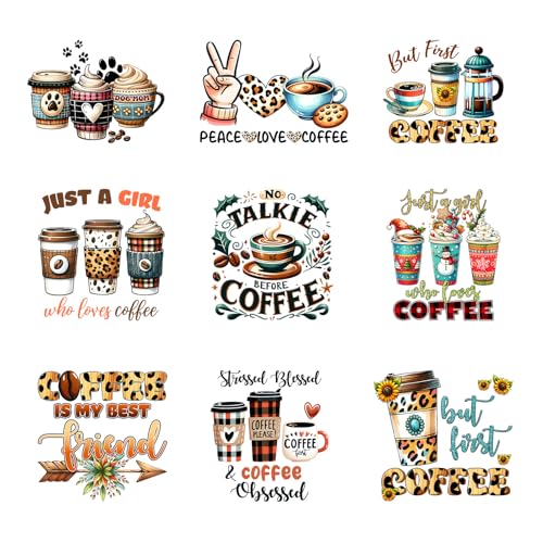 9pcs Coffee Flower Iron On Decals Thermal Transfer Stickers for Clothing Appliqued Sublimation Patches Iron On Transfer Designs Heat Press Vinyl for Shirts Pillow Covers - style: 9PCS-N01(Small)
