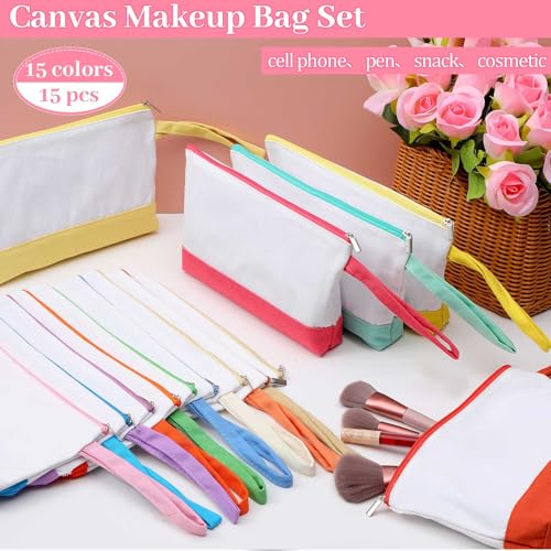 Silkfly 15 Pcs Cotton Canvas Makeup Bags Cosmetic Zipper Bags 10.2 x 5.5 x 2'' Blank DIY Pouch Bulk Pencil Case with Bottom Travel Toiletry Pouch for Women Craft Decor Gift (Fashion Color) - color: Fashion Color