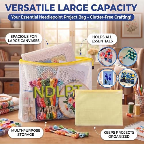 Sabary 2 Pcs Needlepoint Project Bag Clear Mesh Zipper Organizer, Yellow - color: Yellow