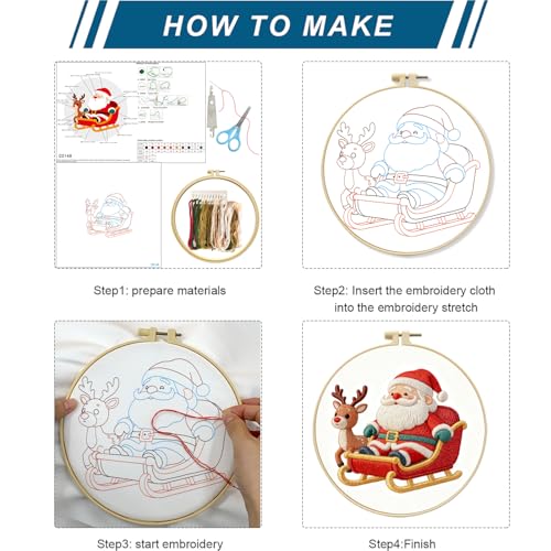 Zhenqing Santa Reindeer Embroidery Kit for Beginners, Christmas Sleigh Needlework Kit with Pre-Printed Fabric, Hoop, Threads & Tools (C0148) - color: Santa Claus and Reindeer