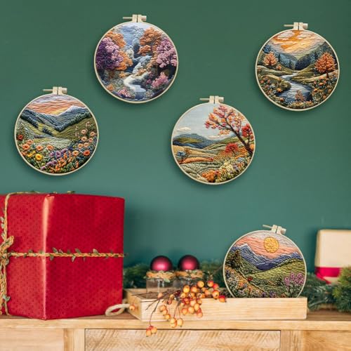 Embroidery Kit for Beginners, Boho Nature Landscape Pre-Stamped Pattern Kit - color: Type 1