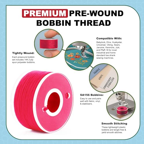 Mandala Crafts Hot Pink 15J SA156 Prefilled Bobbin Thread, 144 PCs - color: Hot Pink, size: Size A 144 X 142 Yards