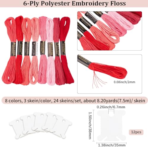 24 Skeins 6 Strandsd Red Embroidery Floss Gradient Friendship Bracelets Yarn String Variegate Cross Stitch Threads Bulk with Floss Bobbins for Hand Sewing Knitting Crafts Crochet Stitching - color: Red
