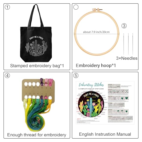 Louise Maelys 2 in 1 Embroidery Kit Canvas Tote Bag with Cactus Design - color: funny cactus