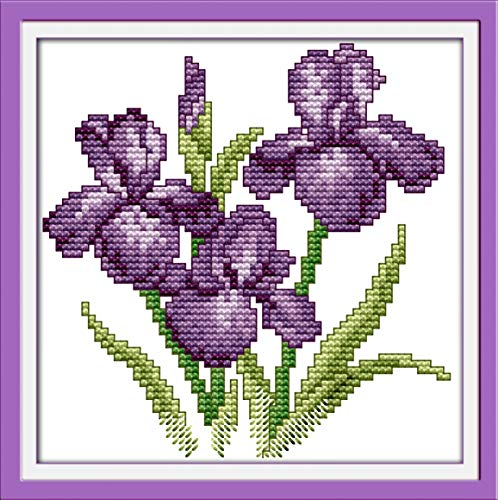 Printed Cross Stitch Kits 11CT 8X8 inch 100% Cotton Holiday Gift DIY Embroidery Starter Kits Easy Patterns Embroidery for Adults Crafts DMC Stamped Cross-Stitch Supplies Needlework Violet Flowers - color: Stamped 6×6 inch
