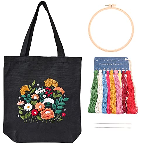 MAMUNU Canvas Tote Bag Embroidery Kit with Pattern for Beginners, Arts and DIY Crafts Kits for Adults, Include Instructions Embroidery Bag, Embroidery Hoops, Color Threads and Tool (Black) - color: Black