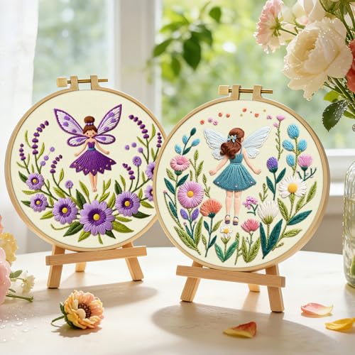 ERKOON Embroidery Kit for Beginners, 2 Set Flower Cross Stitch Set Include Embroidery Cloth Hoops Threads for Craft Lover Hand Stitch with Embroidery Skill Techniques (Angel) - color: Angel