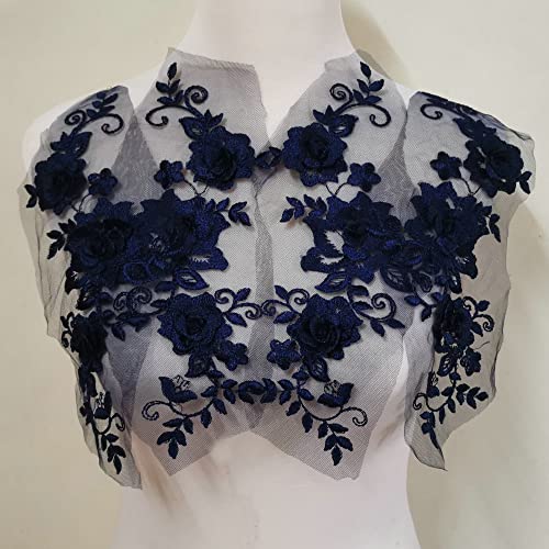 2 Pair 29x13cm Red/Pink/Purple/Sky Blue Wedding Dress Lace Shirt Accessories Embroidery Lace Garment Design DIY Accessories (Navy Blue) - color: navy blue