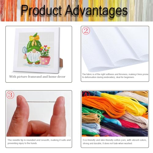 Gnomes Stamped Cross Stitch Kits for Adult Beginner with Wooden Frame - color: Gnome Plants