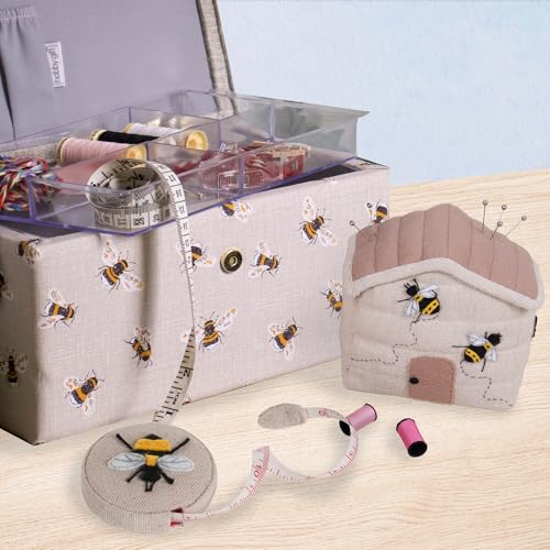 Hobby Gift Bee Sewing Gift Set with Fabric Sewing Box, Matching Pin Cushion and Tape Measure – Coordinated Sewing Accessories Bundle - color: Bee