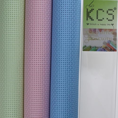 KCS 3 pc of 15" x 18"(38cmx45cm) Counted Cross Stitch Cotton Aida Cloth Needlework Rolled Fabric Box,11CT,Light Blue+Pink+Light Green - color: Light Blue+pink+light Green, size: 11CT