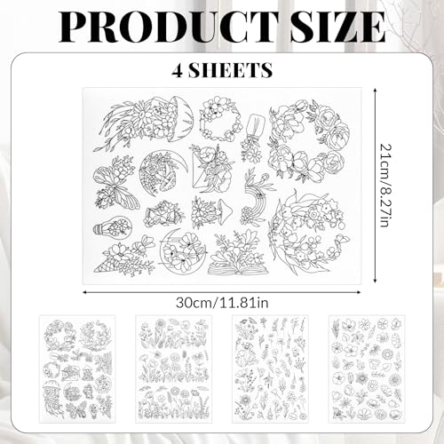 ElevateTech Embroidery Patterns Water Soluble Stabilizer for Embroidery Stick & Stitch Embroidery-Paper Wash Away Stabilizers with Pre-Printed Flower Leaves Plant Patterns for Hand Sewing, 4 Sheets