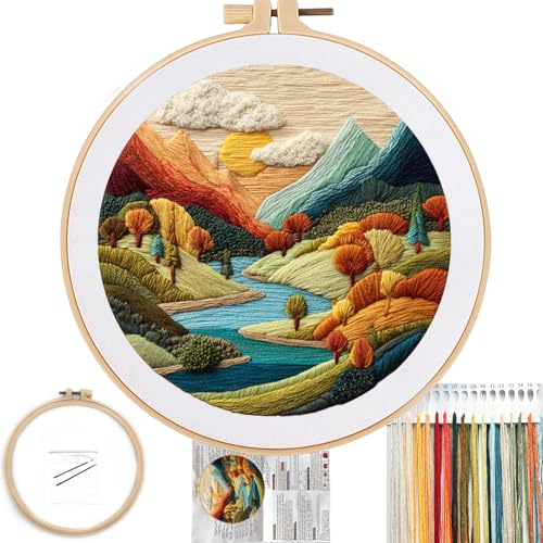 FONNUY Embroidery Kit for Beginners, Brightly Colored Landscape Lake Pre-Stamped Pattern Kits for Adults with Hoop, Easy to Follow Color Thread Needlework, 8'' Hoop (Lightblue) - color: Lightblue