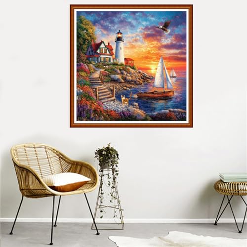 Redxing Counted Cross Stitch Kit for Beginners,Unprinted Needlepoint Kits for Beginners Cross Stitching Embroidery Kit 11CT Stitches kit-Seaside Lighthouse 18x18 inch - color: SetColor18