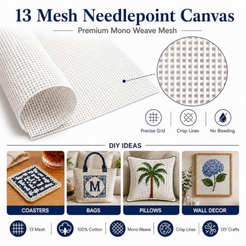 13 Mesh Needlepoint Canvas for Stitching: Rolled Mono Canvas Crease-Free