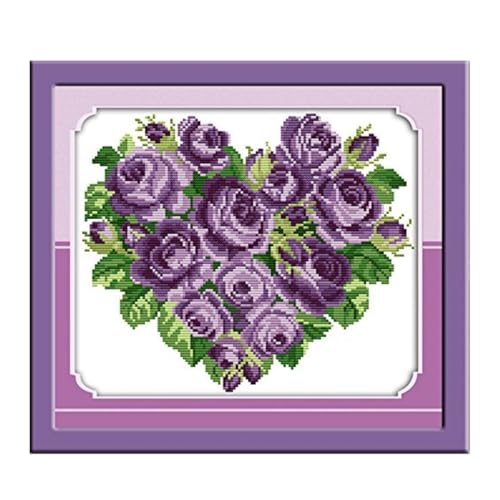 CaptainCrafts Cross Stitch Kits for Adults Stamped 11CT Flower Pattern - color: Rose Heart Purple, style: Stamped