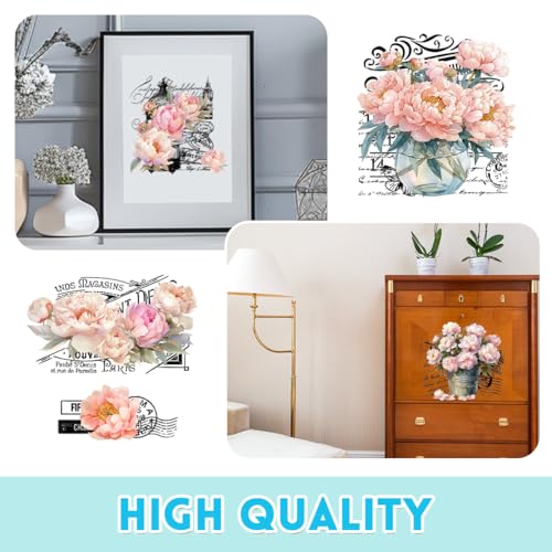 3 Sheet Peonies Flowers Rub on Transfers for DIY Crafts Vintage Florals Furniture Decal Retro Pink French Market Peonies Transfer Stickers for Wood DIY Paper Home Decor 11.8”* 5.9” - style: Peony Flower - Retro French Style