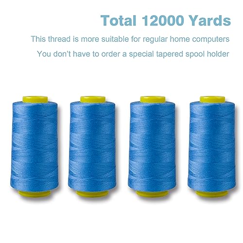Azure Blue Serger Thread, All-Purpose Thread for Sewing, Thread, Polyester, 4 Cones of 3000 Yards Each Spool for Sewing Machine - color: 4 azure blue