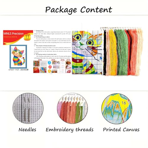 Zhenging Rainbow Cat Cross Stitch Kit for Beginners - 11CT Pre-Printed 30x40cm Fabric with Threads & Needle (No Tools)(67037)