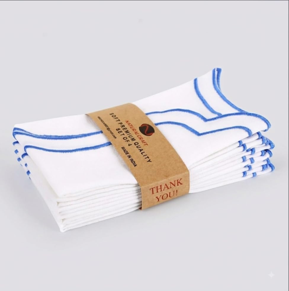 NATURALCRAFT Scalloped Cloth Napkins 18x18 in - White Edges Light Blue - color: White Napkin With- Light Blue Edges, size: 18" x 18" (Set of 4)