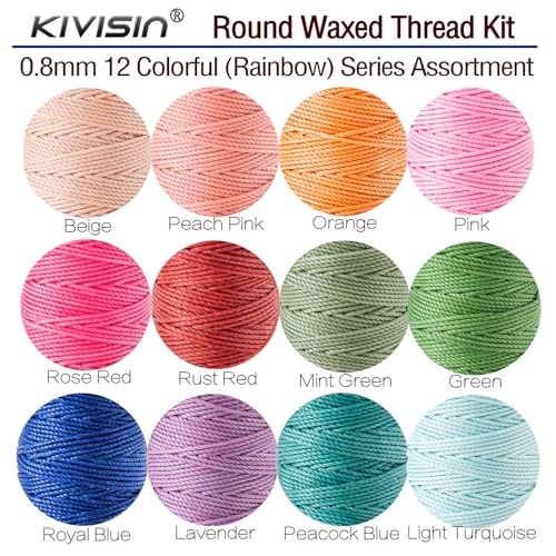 12 Colored Round Waxed Thread 0.8mm, 35 Yards per Spool, 3 Ply Polyester Wax Cord Strings for Hand Sewing, Beading, Bookbinding, Basket Weaving, Micro Macrame Bracelets and Jewelry Making - color: Rainbow Colors, size: 0.8mm Strong