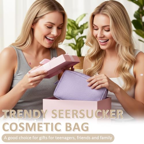 Sanwuta 3 Pcs Seersucker Makeup Bags, Pink, Light Blue, Purple - color: Pink, Light Blue, Purple