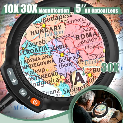 30X 10X Large Magnifying Glass with Light and Stand, 5-Inch Optical Grade HD Lens, 5 Color Modes Stepless Dimmable LED Desk Lamp, Hands Free Gooseneck Lighted Magnifier for Craft Painting Close Work - color: Black