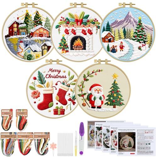 ERKOON Embroidery Kit for Beginners, 5 Sets Christmas Cross Stitch Set for Adults Include Embroidery Cloth Hoops Threads for Craft Lover Hand Stitch with Skill Techniques (Christmas#1) - color: Christmas#1