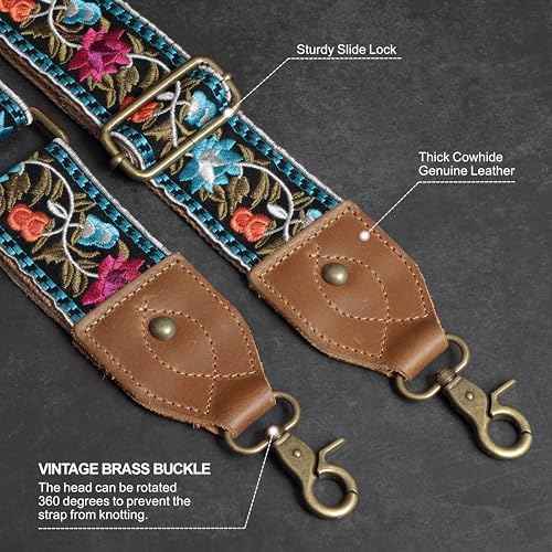 Nefelibata Banjo Strap, 2" Wide Double Crazy Horse Leather Jacquard Embroidery Strap Adjustable Replacement,Multi-pattern Strap With Metal Clips - color: Ab#-retro Floral