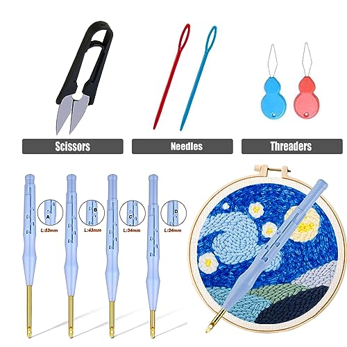 Allazone Punch Needle Starter Kit, Pattern & Fabric Embroidery, Adjustable Embroidery Pen for Adults & Kids Beginners (Mondlicht & See) - color: Mondlicht & See