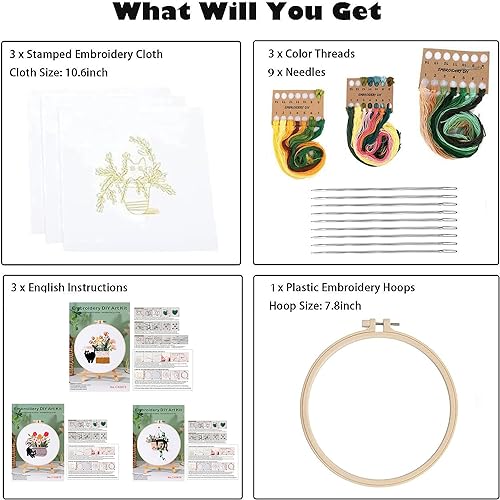 GLTAYLMY 3pcs Embroidery Kit for Beginners DIY Adult Beginner Embroidery Kits with Cat Pattern 1 Embroidery Hoops Needles Threads and Instructions - color: Cat