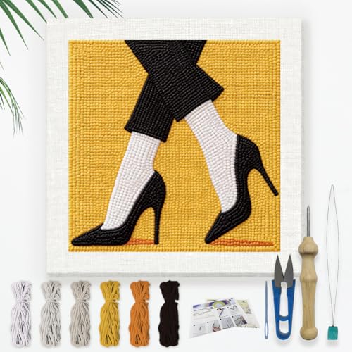 Doodlream High Heel Shoes Needle Kit for Beginner, 9.4"x 9.4" Retro Fashion Punch Stitching Craft Set, DIY Embroidery Starter with Printed Frame, Instruction, Threader, Yarn, Pinch Needle - color: High Heel Shoes