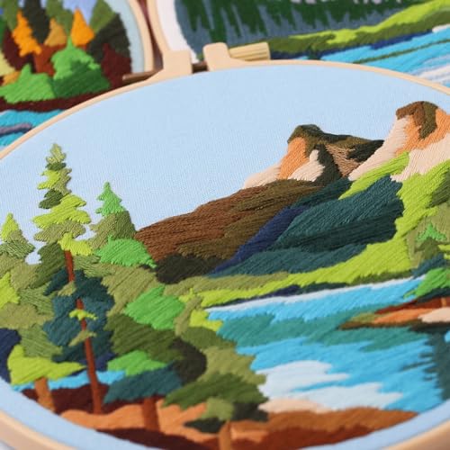 Harimau Adult Beginner Embroidery Starter Kit Natural Landscape Patterns, Complete Set with 4 Patterns, 2 Hoops, Needles, Scissors, Instruction Guide & Stitching Video Tutorials - color: Blue Mountain