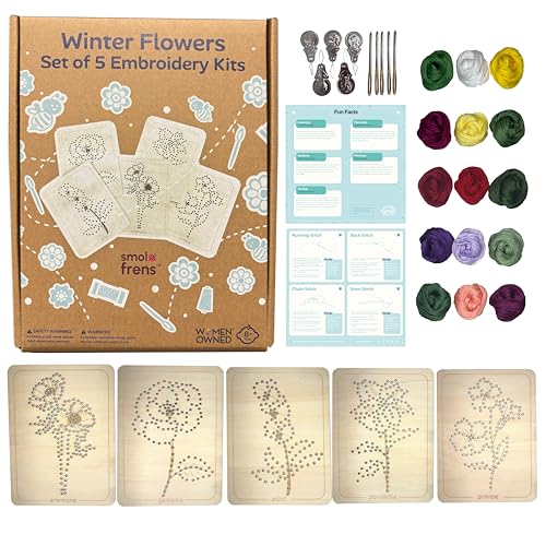 Wooden Flower Lacing Embroidery Kits for Beginners, Set of 5 Learn-to-Stitch Craft Boards, Sewing & Embroidery Art Kits for Kids Ages 8+, DIY Craft Projects, Educational Gifts, Party Favors (Winter) - style: Winter