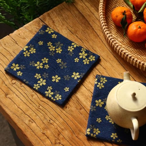 MAYJOYDIY 1 Yard 59 Inch Blue Japanese Cotton Fabric Sakura Quilting Bundles Gold Cherry Blossoms and Waves Print for Sewing Clothing Bag Tablecloth Sofa Pillow DIY Craft - color: Blue