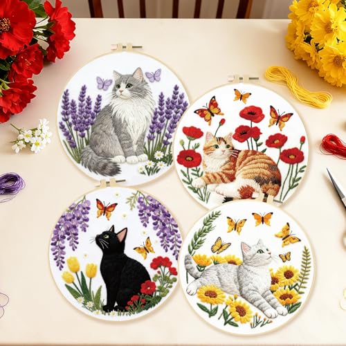 BEUNITONE 4 Set Embroidery Kit for Beginners, Cat and Butterfly Pre-Stamped Pattern Needlepoint Kits for Adults with Hoop and Instruction, Cute Hand Embroidery Patterns for Cloth and Home Decor - style: A-Cat-01
