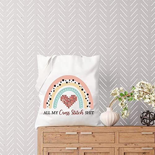 TSOTMO Cross Stitch Lover Gift All My Cross Stitch Shit Boho Rainbow Design Cross Stitch Accessories Tote Bag