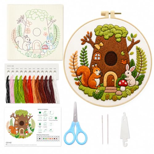 Zhenqing Treehouse Friends Embroidery Kit for Beginners, Woodland Animal Needlework Kit with Pre-Printed Cotton Fabric, Hoop, Threads & Tools, Nursery Decor (C0142) - color: Treehouse Friends