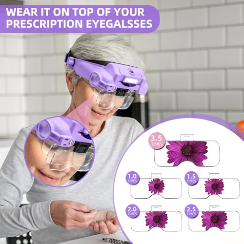 Dilzekui Magnifying Glass with Light 1X-14X, Rechargeable Headset Magnifier - color: Purple