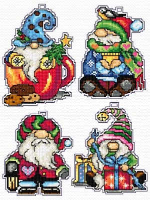 Counted Cross-Stitch Kit on Plastic Canvas with Christmas Gnomes. 4 Christmas Ornaments Same Dimensions 138CS. 14 Count Plastic Canvas Sheets 8.27x11.02 Inches. Perfect for Art & Needlework Amateurs - color: Gnomes