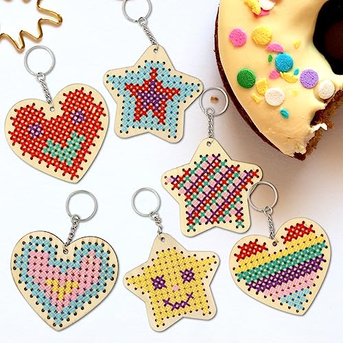 VKPI Wooden Cross Stitch Kits for Kids, Make Your Own 6 Cross Stitching Keyrings, Wood Sewing Kit, Arts & Crafts Stars, Hearts Ornaments, Plastic Needle Embroidery Kit for Beginners, Girls, 6-13 - color: Star & Heart
