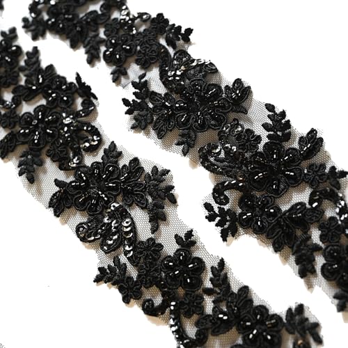 6cm*2yards Ivory White Luxury Beaded Embroidery Flower lace Appliques for Wedding Dresses Rhinestone Applique Patches Embroidery lace parches ropa (Black Color) - color: SPXB-TV0091BCL-2y-black