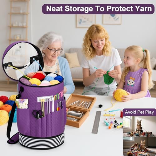 Crochet Yarn Knitting Bag 3PCS Expandable Large Yarn Storage Organizer Bag - color: Purple