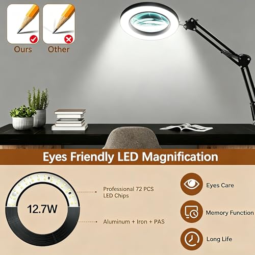 10X Magnifying Glass with Light and Clamp, Magnifier with Light Hands Free3 Color Modes Stepless Dimmable, 72 LEDs Real Glass Lens Magnifying Lamp for Close Work, Repair, Reading, Craft - color: Black