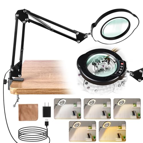 10X Magnifying Glass with Light and Stand, LED Desk Lamp with Clamp, 5 Color Mode, 10 Dimmable Levels, Hands Free for Reading Crafts Jewelry Sewing Close Work - color: Black, size: Standard Clamp