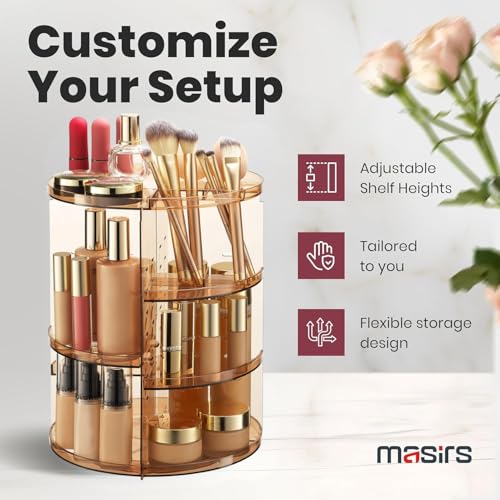 Masirs 360 Rotating Makeup Organizer Countertop, Adjustable Shelf, Brown - color: Brown